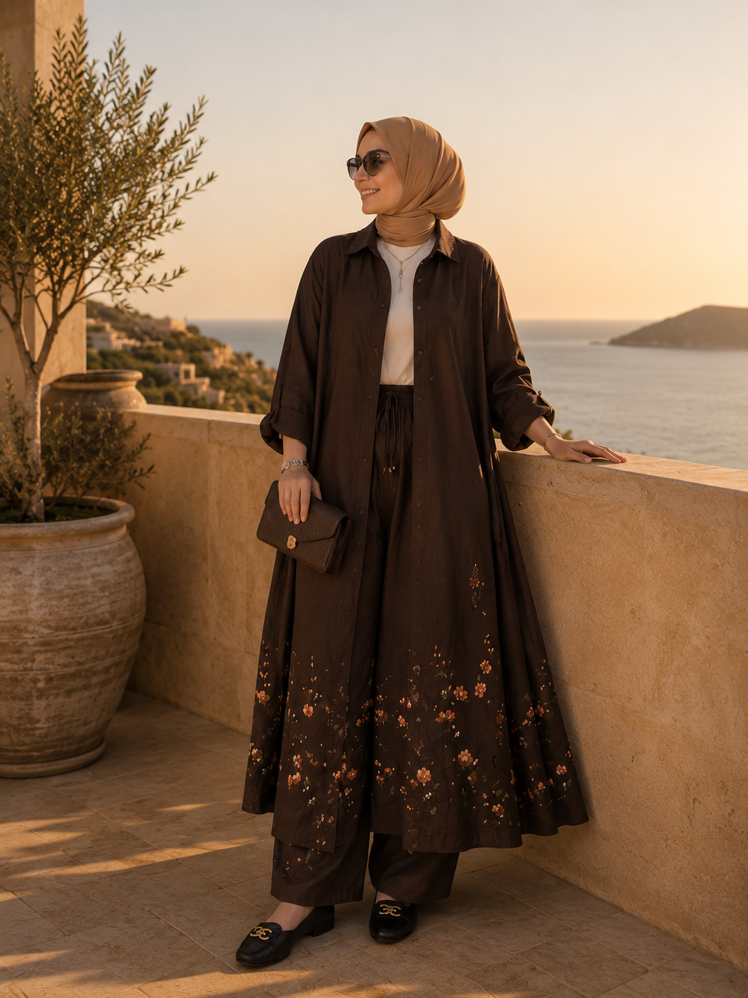 Ensemble à fleurs |Marron