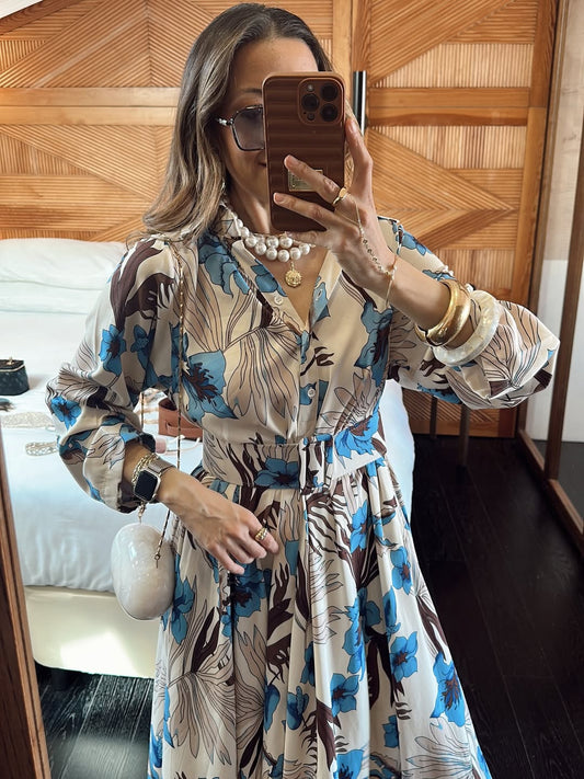 Robe à fleurs bleues avec Ceinture