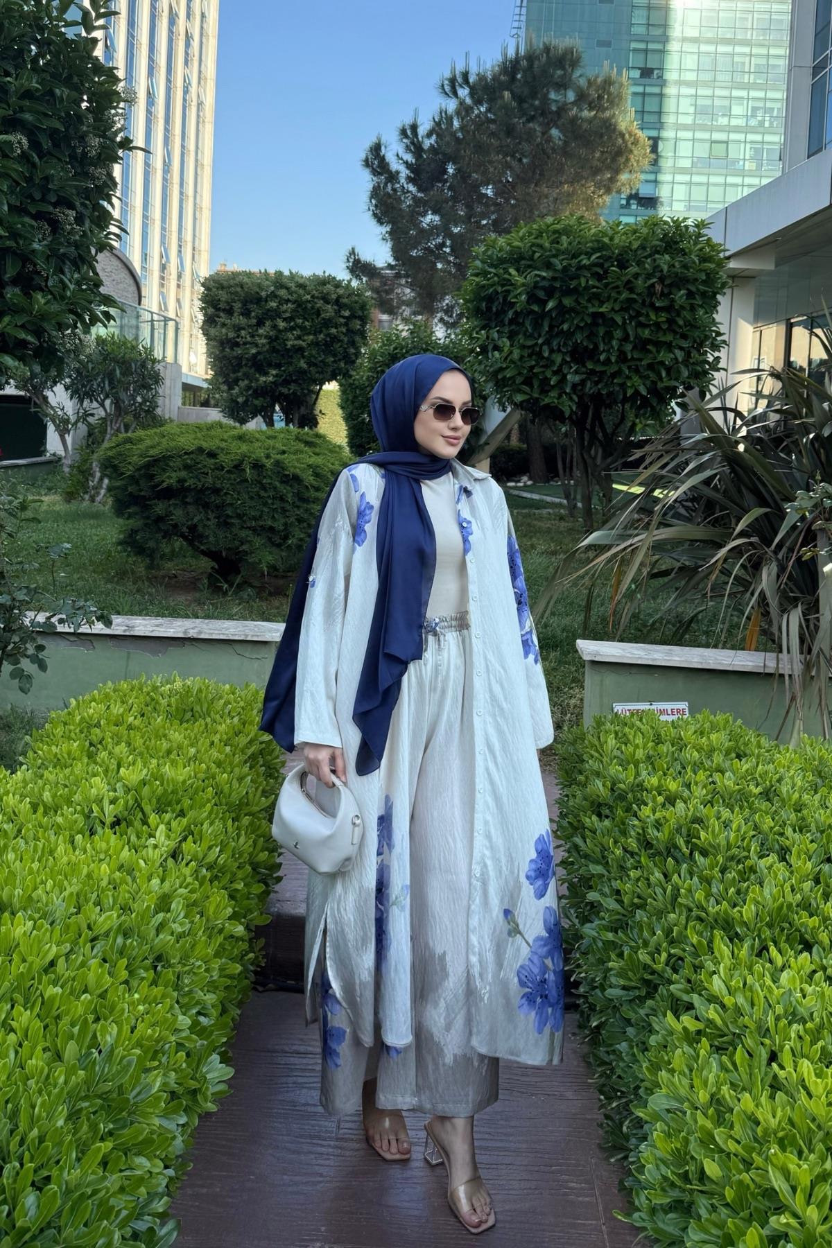 Ensemble fleurs bleus |Beige