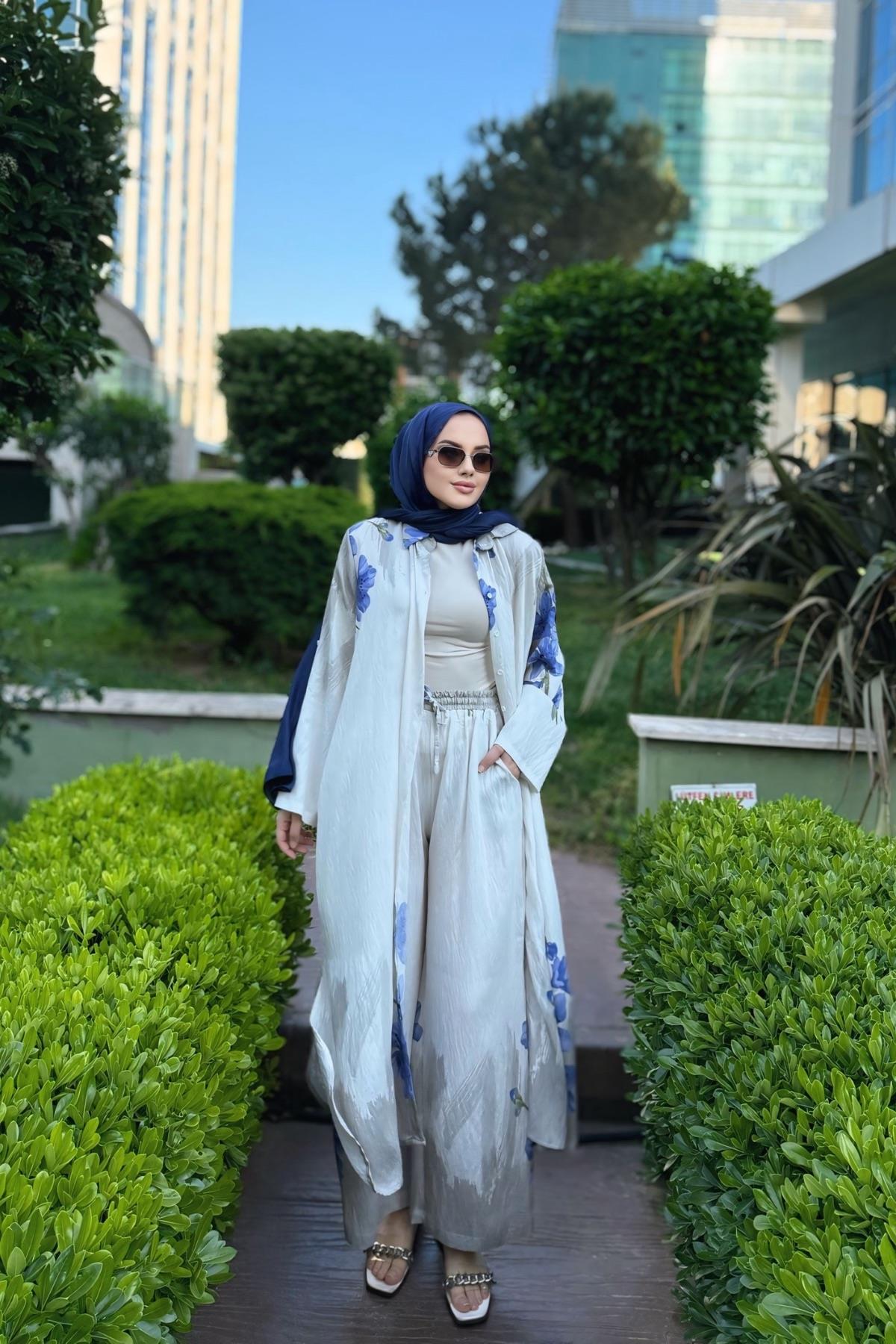 Ensemble fleurs bleus |Beige